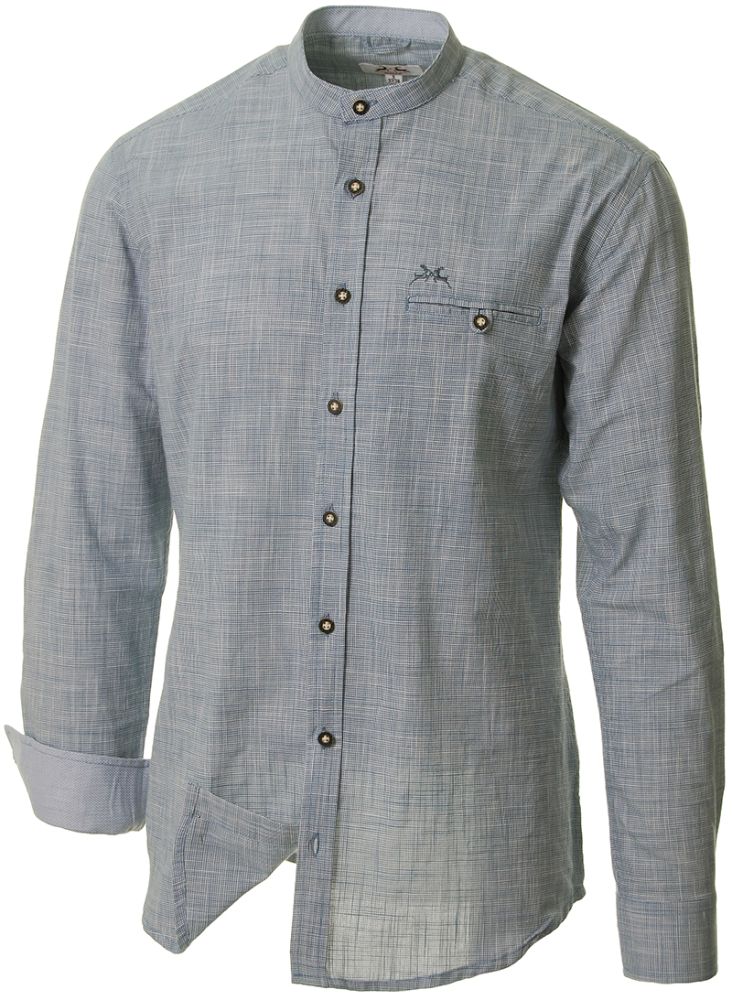 Grau/Blaues Trachtenhemd mit Stehkragen, slimfit